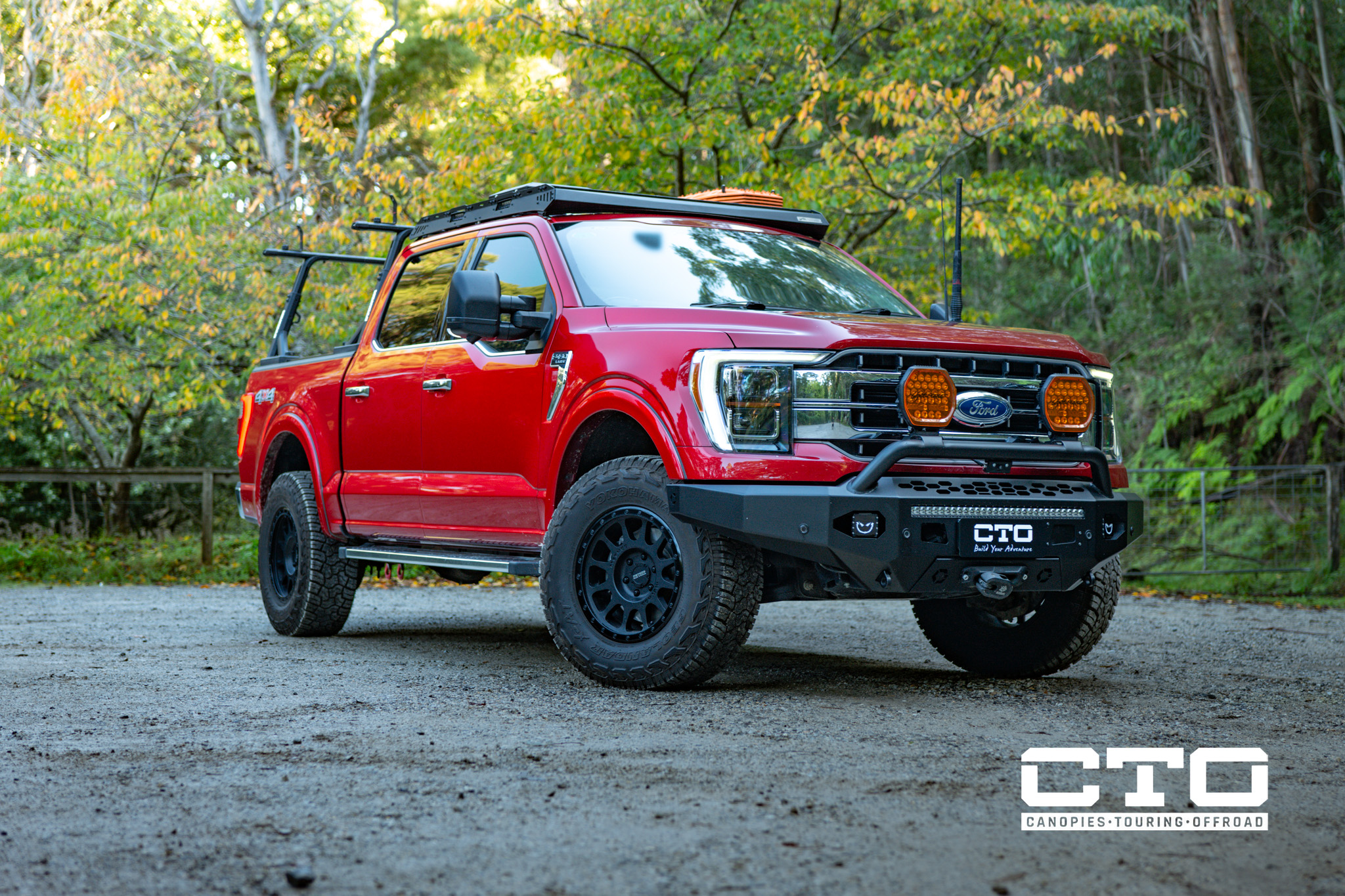Red Ford F150 F-Truck with GVM upgrade, suspension lift kit and Offroad Creative bull bar by CTO Industries in Kilsyth Victoria